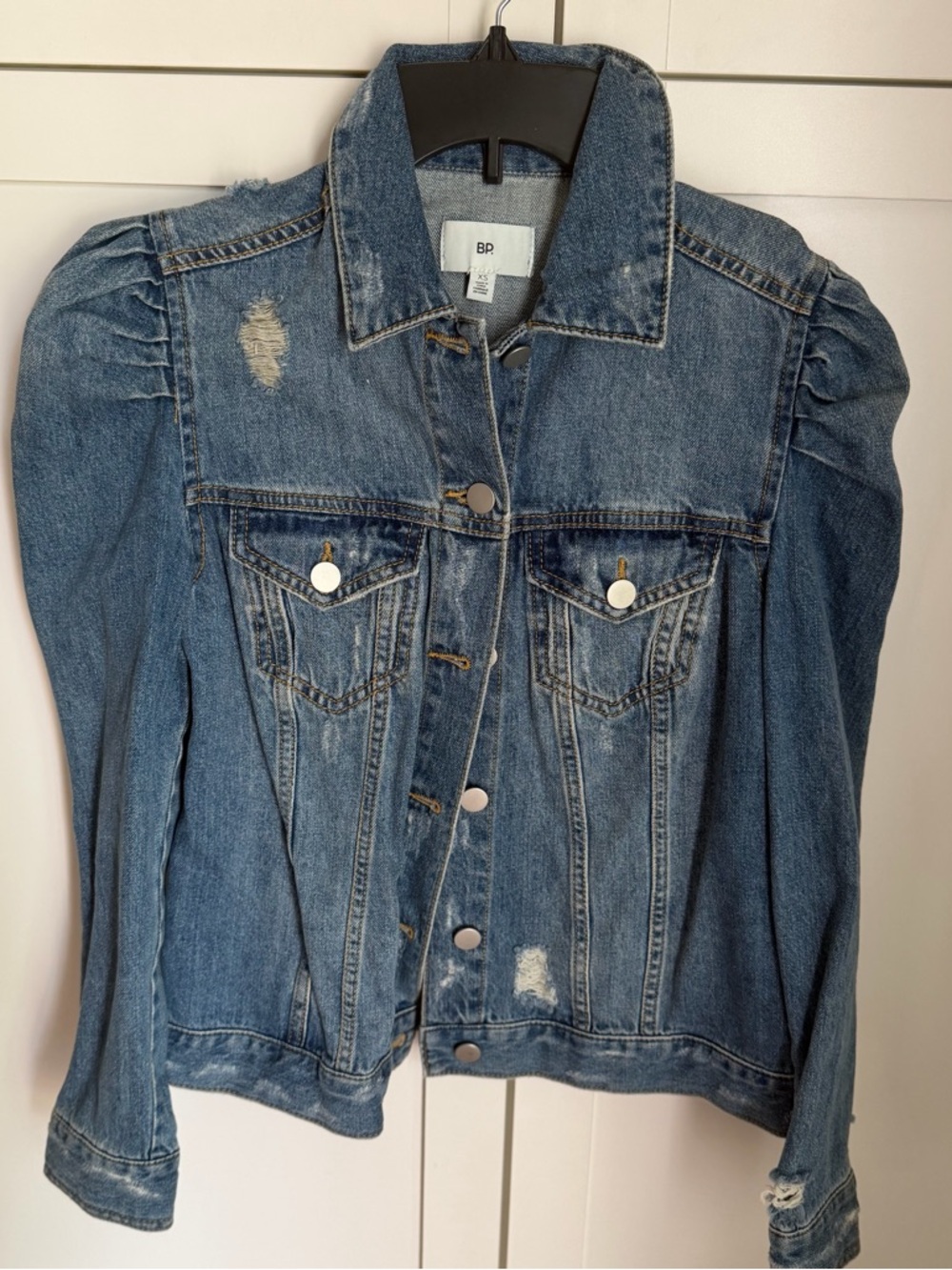 Nordstrom Blue Puff-Sleeve Distressed Denim Jacket